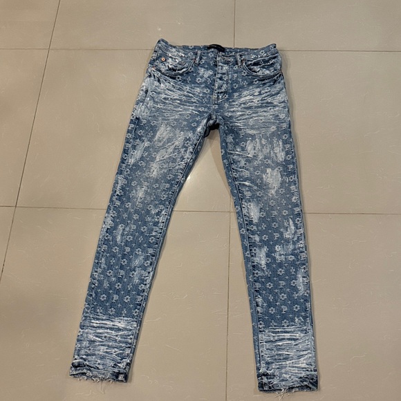 Purple-Brand Blue Distressed Patterned Jeans - Picture 1 of 15